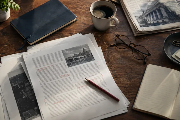 Proof pages, a red pencil, a notebook and coffee on an editorial desk